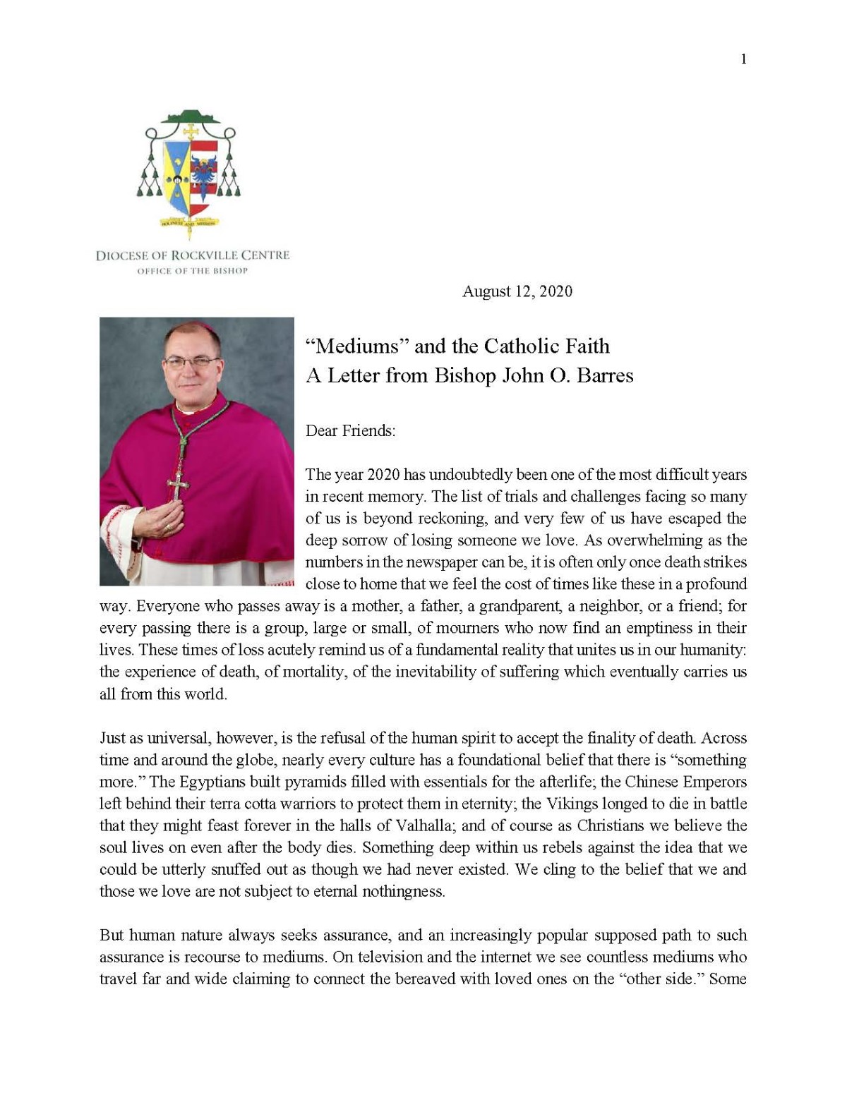 A Letter from Bishop John O. Barres